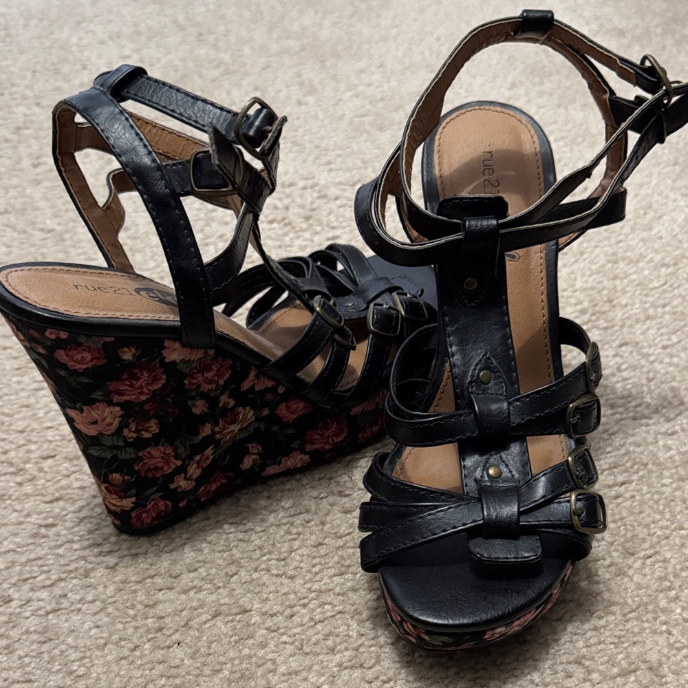 Rue21 Black and Floral Wedge Sandals
